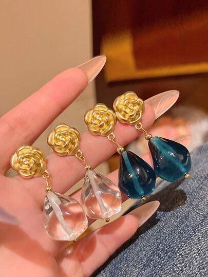 1 Pair Women's French Style Earrings - Fashionable Luxury Rose Flower Crystal Water Drop Earrings - Gift - Daily Wear - Party