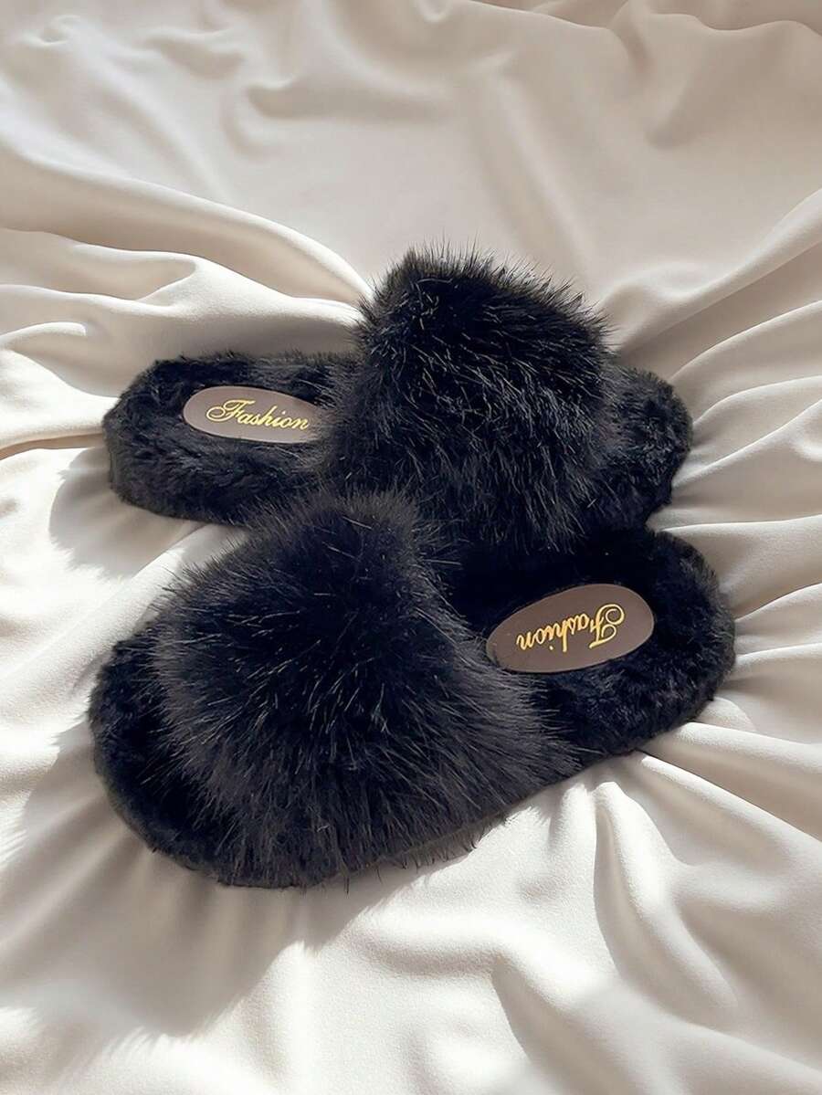 2025 Nuevas zapatillas de estar por casa de otoño/invierno de piel sintética esponjosa, con suela gruesa y elevada, deslizadores peludos, cómodas zapatillas de casa de punta redonda, suaves y mullidas zapatillas de interior para mujer - Negro - Ver 1