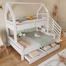 Bunk Bed, Children's Bed, Two Drawers On Castors, Beautiful Roof Design, With Safety Railing And Stair Cupboard, Pine + MDF + Plywood, White, - 白色 - 查看 4