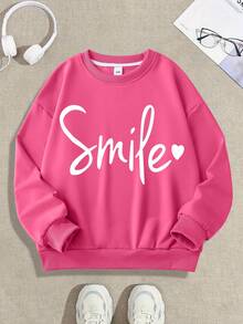 1 pieza Sudadera de niña con estampado "Sonrisa" fresco, tela suave, estilo versátil para salidas casuales - Rosa Fucsia - Ver 2
