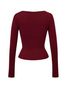 Vaiaye 女士性感修身深V领长袖上衣，纯色针织T恤，适合情人节及春季休闲穿着 - 酒紅色 - 查看 4