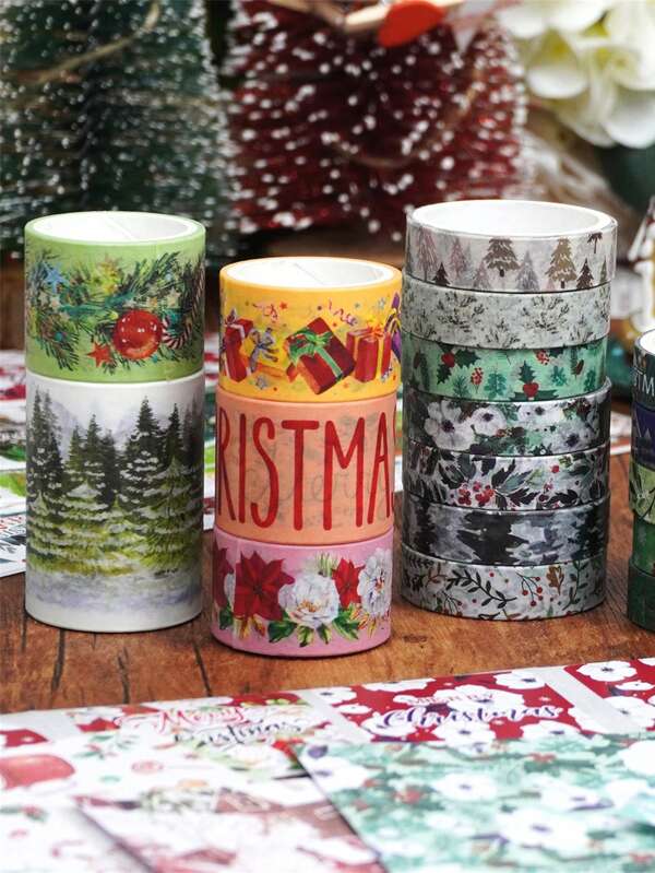 1 Box Of Christmas Theme Tape Sticker Set, Creative Christmas Patterns Handbook Material Gift Box, Exquisite Decorative Tape, Gift Wrapping And DlY Craft Art Items Decoration, Christmas Decoration Supplies