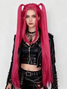 Parrucche da cosplay per donne Megastars, parrucche sintetiche resistenti al calore senza colla per feste di Ognissanti, capelli rossi lisci extra lunghi con 2 code di cavallo e capelli finti viola ultra lunghi con treccia rimovibile con molletta, capelli neri lisci corti con doppio chignon, alta densità, aspetto naturale, adatte per principianti, ideali come regali per vacanze, concerti musicali, compleanni, Natale