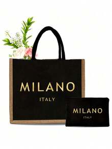 一套亚麻手提袋，包含一个印有金色“MILANO ITALY”字样的手提袋和一个图案小袋，可定制字母和花卉图案，适合婚礼、生日、海滩、节日等场合，是送给女性、母亲、教师、朋友、伴娘、学生和返校季的完美礼物。 - 彩色 - 查看 12