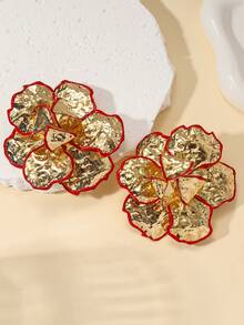 Golden Color Enameled Big Flower Floral Statement Earring For Women