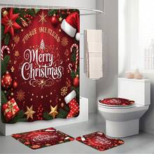 1 pieza/4 piezas Juego de decoración de baño multifuncional con corona de flores navideña roja, incluye 12 ganchos gratis, con ambiente elegante navideño, decoración de invierno, alfombra de baño, alfombra de inodoro en forma de U y alfombra de inodoro redonda, adecuado para todos los escenarios de decoración navideña