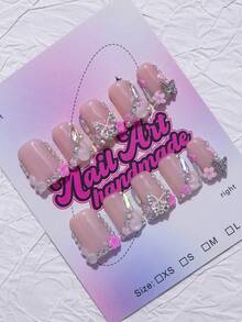 10 件 Y2K Nails 鸭嘴按压指甲套装 - 手工制作，粉色指甲，白色法式风格，手工 3D 花朵，粉色蝴蝶结和粉色小花元素设计，闪亮金色水钻点缀 - 适合女士和女孩，派对、婚礼、日常佩戴、日常美甲，包含工具包。方形指甲。手工假指甲。短指甲。美甲用品 - Follow Your Heart - 查看 3