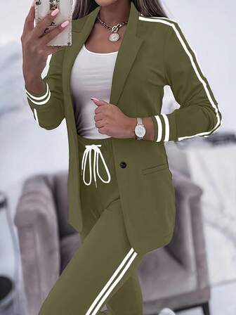 Women's Casual Sports Side Stripe Jacket And Drawstring Waist Pants Set