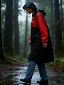 معطف مطر أسود وأحمر سميك مقاوم للماء للرياضات الخارجية الكاجوال، بتصميم لوحة قطع، مقاوم للرياض ومقاوم للماء من EVA سميك مع غطاء للجسم كامل للسفر والأنشطة الخارجية والدراجات والتنزه، للنساء البالغات