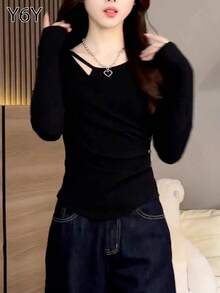 Y6Y 女款黑色优雅圆领打底衫，高品质修身长袖上衣，2025 年秋冬新品 - 黑色 - 查看 5