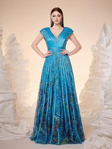 Mgiacy,New Arrival,V-Neck, Lotus Leaf Sleeves, Lace, Print, Tie, Big Swing, Evening Dress,Party Dress,Wedding Guest Dress, Evening Dress