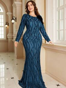 XUIBOL 高品质弹力优雅亮片拼接超修身加大码 V 领晚会鸡尾酒会婚礼周年家庭正式庆典新娘送礼会生日庆祝短袖奢华庄重新娘母亲礼服（重度装饰） - 水鴨藍 - 查看 8