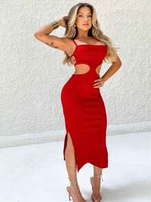 Women's Backless Midi Dress With Slit, Ribbed Neckline, Elegant, Tight Tube Dress - 紅色 - 查看 6