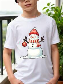 Playeras de niño Muñeco de nieve con sombrero y bufanda sosteniendo un adorno tops para adolescentes blusas para adolescentes Regalos navideños Camiseta de Halloween para niñas Camisetas de niña Camisetas navideñas Camisetas para niños y niñas La tela es suave, transpirable y cómoda, hecha de puro - Blanco - Ver 1