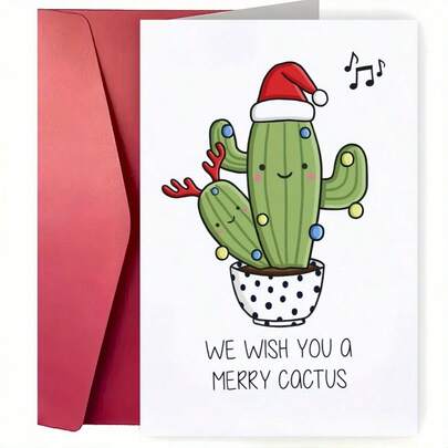 圣诞仙人掌贺卡带信封，独特有趣的节日贺卡，“我们祝你仙人掌快乐”设计，适合朋友、家人和同事，庆祝圣诞节和新年