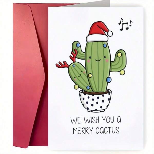 圣诞仙人掌贺卡带信封，独特有趣的节日贺卡，“我们祝你仙人掌快乐”设计，适合朋友、家人和同事，庆祝圣诞节和新年