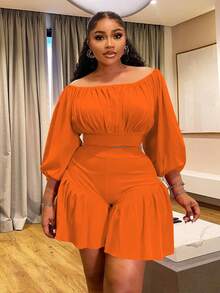 Plus Size Women's Ruffled One-Shoulder Puff Sleeve Top & Shorts 2-Piece Set - Sweetheart Neckline Waist-Defining Casual Outfit Date, Vacation & Party,Plus Size Fall Clothes Women,Plus Size Women Clothes,Seven Colors Are Available Selection.Please Check Size Chart Before Purchasing. - 橘色 - 查看 4