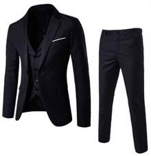 Groom's Suit Set - Men's Three-Piece British-Style Casual Business Suit - Slim-Fit Wedding Attire - 純黑色 - 查看 1