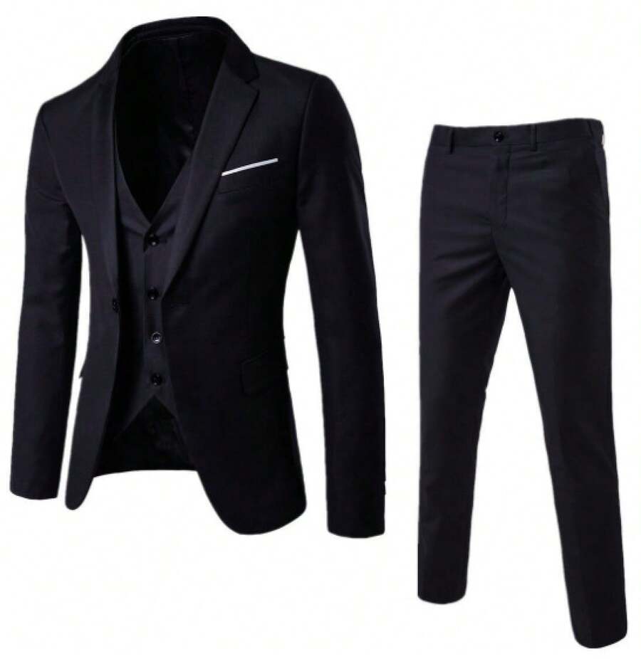 Groom's Suit Set - Men's Three-Piece British-Style Casual Business Suit - Slim-Fit Wedding Attire - 純黑色 - 查看 1