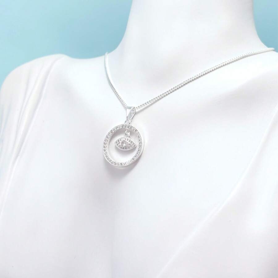 Necklace With Round Evil Eye Pendant And Zirconia, 925 Silver Plated - Silver - View 1