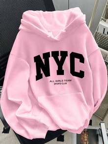 2025 HoodiesWomen's Slogan Print Thermal Lined Casual Loose Fit Hoodie Sweatshirt, Autumn/WinterLoose And Comfortablewinter Clothes For Women - 粉色 - 查看 11
