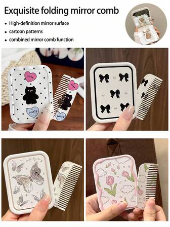 1ชิ้นกระจกพับพร้อมหวี, สไตล์ใหม่ Ins สร้างสรรค์เคลือบปรอทผีเสื้อ,ลายจุด,ลายสก๊อต,หัวใจ,อักษรภาษาอังกฤษ,แมวน่ารัก,โบว์,ไข่มุก,ดาว,ดอกทิวลิป,กระจกพับเมฆพร้อมหวี,แปรงกระจกแต่งหน้าแบบพกพา 2-In-1 สำหรับการเดินทาง,บ้าน,ของขวัญสำหรับเพื่อน,ครอบครัว,แฟน,วันวาเลนไทน์,วันแม่,ราคาถูก,ถุงน่อง,แต่งหน้า,เครื่องมือแต่งหน้า,ของราคาถูก,ของขวัญ,ของขวัญสำหรับผู้หญิง,ของขวัญคริสต์มาส