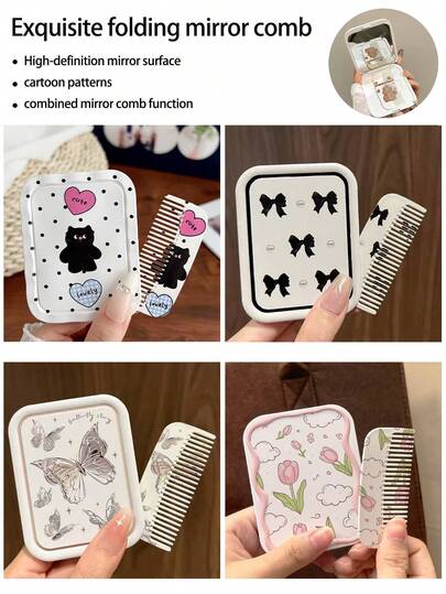 1个可折叠梳子镜，新款ins风创意镀水银蝴蝶、波点、格子、爱心、英文字母、可爱猫咪、蝴蝶结、珍珠、星星、郁金香、云朵图案折叠旅行镜带梳子，二合一便携式化妆镜刷，适合旅行、居家使用，可作为礼物送给朋友、家人、女朋友，情人节、母亲节礼物，价格实惠，适合作为圣诞礼物、化妆品、化妆工具、平价好物、礼物、女士礼物、圣诞礼物、赠品、旅行必备品。
