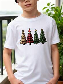 Playeras de niño Estampado de Árboles de Navidad conjuntos para adolescentes tops para adolescentes Camisetas navideñas Camisetas de niña Regalos navideños Camiseta de Halloween para niñas Camisetas para niños y niñas La tela es suave, transpirable y cómoda, hecha de puro algodón. - Blanco - Ver 1