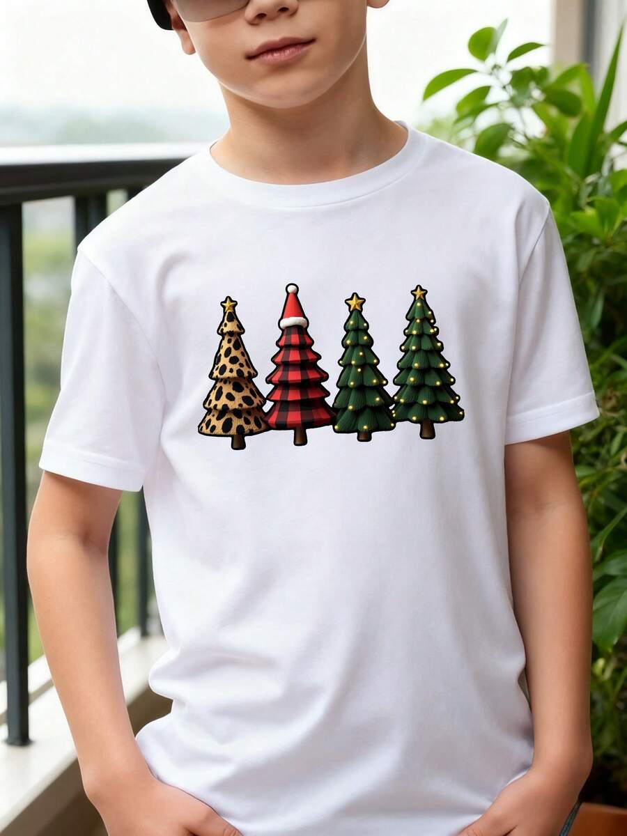 Playeras de niño Estampado de Árboles de Navidad conjuntos para adolescentes tops para adolescentes Camisetas navideñas Camisetas de niña Regalos navideños Camiseta de Halloween para niñas Camisetas para niños y niñas La tela es suave, transpirable y cómoda, hecha de puro algodón. - Blanco - Ver 1