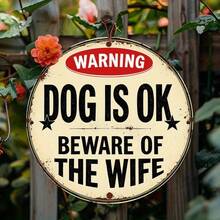 1个幽默励志圆形金属标牌，“小心恶犬，谨慎妻子”，设计有趣，可作家居酒吧装饰墙饰，尺寸7.8x7.8英寸，适用于家庭、花园、车库、农舍，可作节日礼物，已预钻孔，尺寸如图所示。 - 彩色 - 查看 8