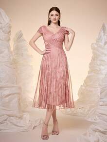 Mgiacy，新品上市，吊带，印花网眼，拉条，高端晚礼服，适合晚宴 - 粉色 - 查看 5