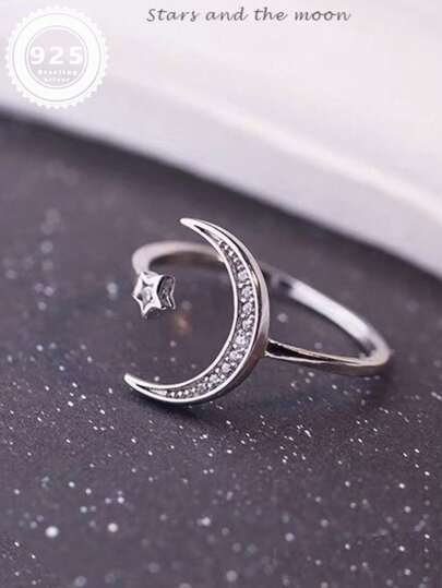 Anillo de plata de ley S925 con diseño de estrella y luna, anillo de nudillo versátil de estilo europeo minimalista y elegante con diseño de estrella y luna
