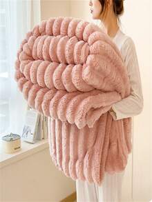 1pc Super Soft Plush Blanket, Wide Striped Faux Fur Design, Suitable For Bedroom Decor, Christmas, Casual Nap, Office Nap, Pink Milk Plush Fleece Throw Blanket