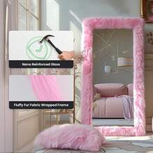 Full Length Mirror Free Standing Furry Faux Fur Framed Full Body Floor Mirror Wall Mounted Leaning Hanging Wall For Bedroom Hallway Entrance, 63"X24", Pink,24331417,Selfie Mirror, Apartment Friendly - 玫紅色 - 查看 5
