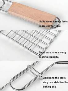 1 pieza Rejilla de acero inoxidable antiadherente multiusos, estilo de camping al aire libre con forma de rejilla desmontable y portátil para parrilla de barbacoa con mango de madera para asar alitas de pollo, berenjena, pescado, perfecta para fiestas de barbacoa de verano, picnics y eventos de parrilla en el patio trasero