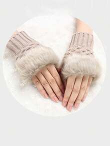 زوج من قفازات نسائية قصيرة مصنوعة من الأصابع بأساور فرو ناعمة، قفازات شاشة تعمل باللمس دافئة وأنيقة للخريف/الشتاء عيد الميلاد عطلة الشتاء ملابس نسائية + أدوات الشتاء + قفازات الدب + عيد الميلاد