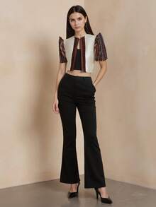 Amyenjoylife 现代菲律宾风情上衣，蝴蝶袖菲律宾风情上衣，女士春夏印花立领泡泡袖撞色拼接开衫，女士菲律宾风情短外套，杏色上衣 - 杏色 - 查看 3