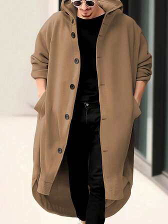 加大码男士时尚经典纯色柔软面料斜插口袋前短后长设计连帽卫衣，适合休闲、时尚经典、百搭、简约外出通勤街头冬季新款长袖长外套