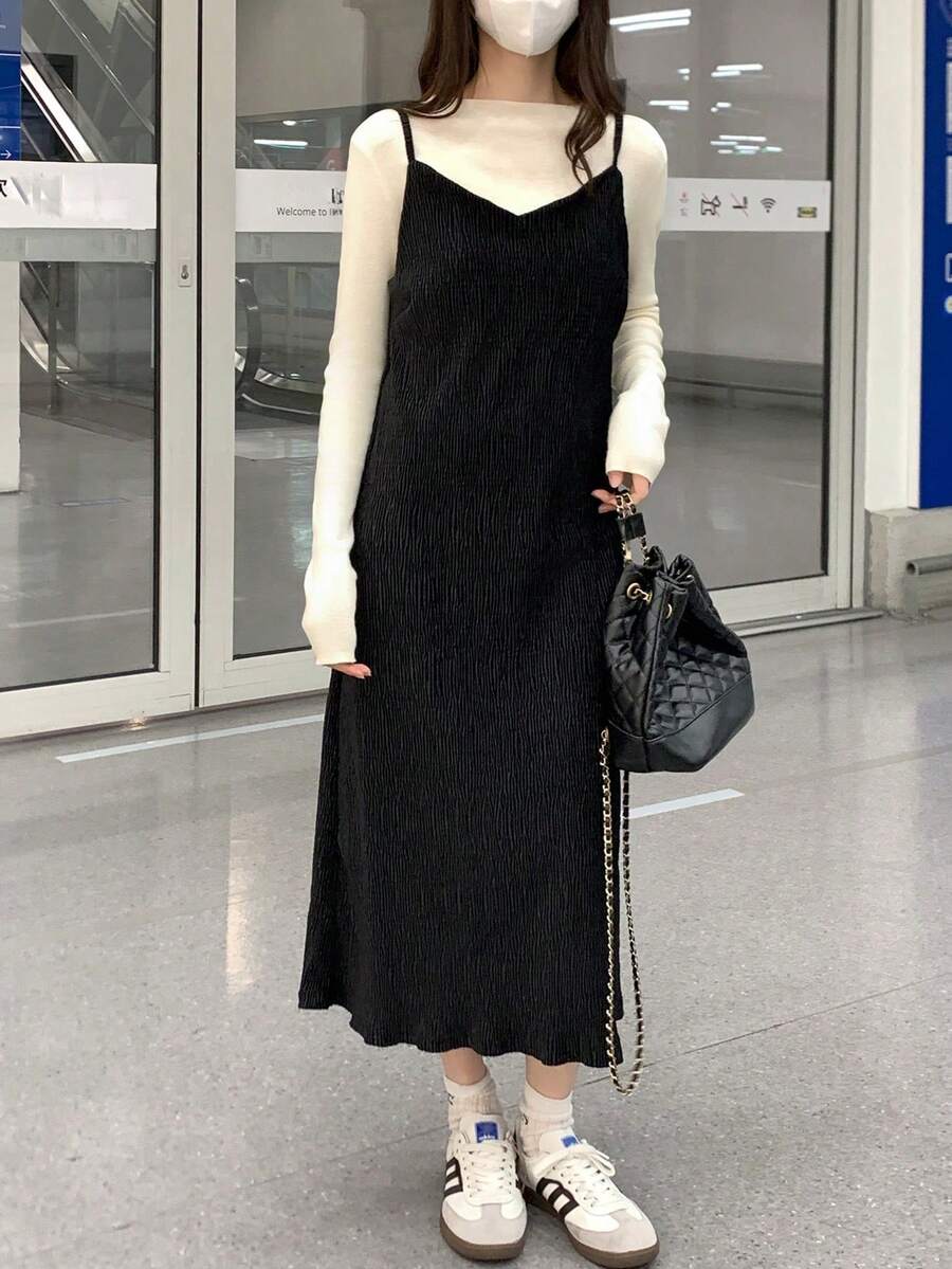 女士纯色简约休闲吊带连衣裙，优雅黑色 - 黑色 - 查看 1