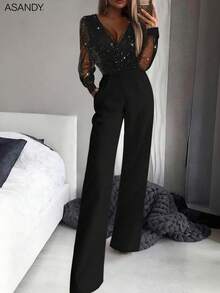 女士性感黑色亮片网纱连体裤，深V领