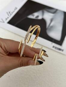14K Gold Plated Rhinestone Embellished Minimalist Luxury Bamboo Knot Bracelet Set - Gold - View 13