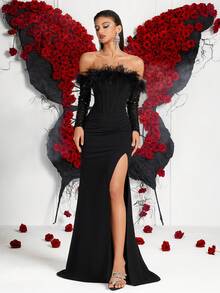 女士优雅露肩长袖仿羽毛高腰开衩露背系带正式晚礼服，适合派对、盛会、宴会、正式晚宴、毕业派对、生日派对、约会、同学聚会、婚礼宾客和正式晚宴等场合。 - 黑色 - 查看 5
