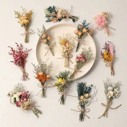1/2/6/12/20 Pcs Mini Dried Flower Bouquet,Christmas Decoration, Bridesmaid Proposal Flower Girl Gift Box,Boho Wedding Table Centerpieces,Small Dry Pampas Grass For Vase Decor, Tiny Dried Flowers For Birthday Cake Decor