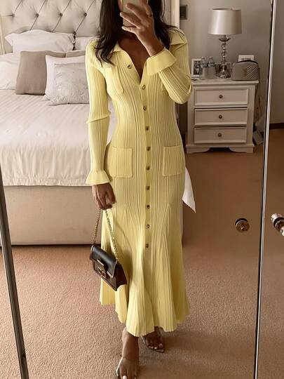 Women's New Elegant Commuting Knit Dress, Fashionable Long Knit Dress, Daily Slim-Fit, Solid Color Versatile With Front Button Pockets, Cream-Yellow, Vintage-Look High-End, Ladies' Street Casual Wear, Autumn/Winter