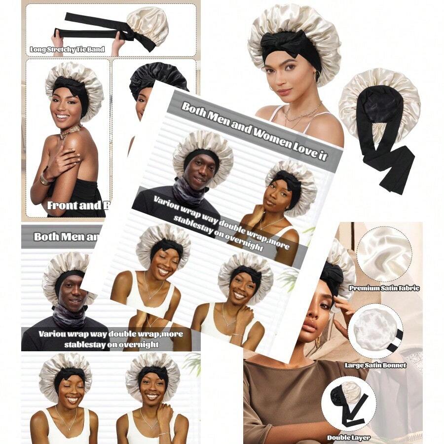 Satin Bonnet Silk Bonnet For Sleeping Silk Sleep Cap Double Layer Hair Bonnet With Elastic Tie Band For Curly Hair Night Cap Black + Champagne,Hair Tools,Hair Items,Travel Essential,Travel,Barber,Hairstylist,Barber Accessories,Valentine's Day,Hair Supplies,Hair Stylist,Barbershop,Salon,Vacation Essentials,Hair Products,Barbershop,Valentine's Gift,Travel Essentials For Women,Hair Stylist Tools - BlackChampagneOneSize - View 1