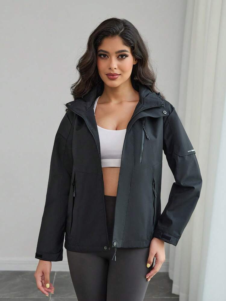 1 buah Jaket Windbreaker Ringan Warna Polos untuk Wanita, Cocok untuk Musim Semi/Gugur, Olahraga Luar Ruangan, Lari, Mendaki, Tahan Air, Lengan Panjang - Hitam - View 5