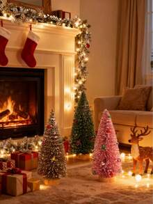 1 件迷你圣诞树装饰品人造圣诞树桌面瓶刷树小树带雪花和彩色珠子适合室内室外家居村冬季节日装饰 - 彩色 - 查看 4