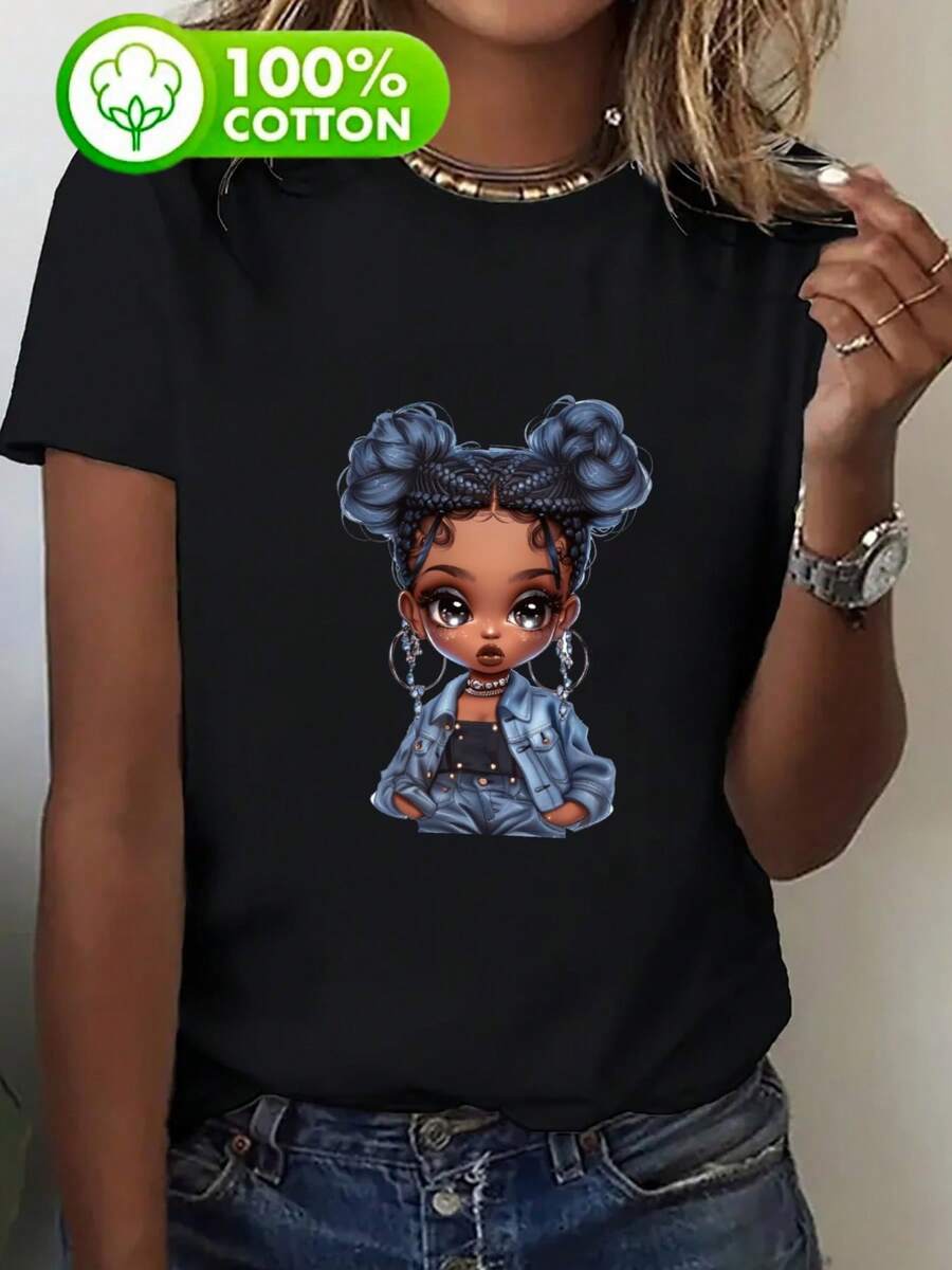 Camiseta Casual Gráfica para Mujer - Ajuste Holgado con Manga Corta y Diseño de Retrato Elegante, Perfecta para Salidas de Primavera/Verano - Negro - Ver 1