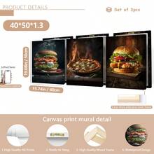 Set de 3 carteles de lienzo creativos sin marco, pintura de hamburguesa y pizza, pintura de lienzo, obra de arte de pared, adecuada para decoración del hogar, decoración de habitación, decoración de dormitorio, decoración de sala de estar, decoración de cocina, decoración de pared, arte de pared opcional con marco