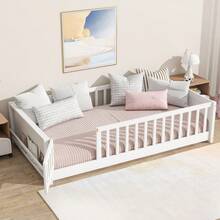 Twin Size Kids Montessori Floor Bed,Twin Floor Bed Frame With Slats And Bookcase,Solid Wood Montessori Bed For Girls Boys - Trắng + Gỗ Cao Su + Đôi-1 - Xem 4